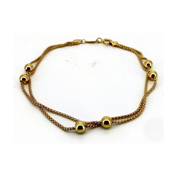 Pulsera doble fina con bolitas de oro 18k 20 cm